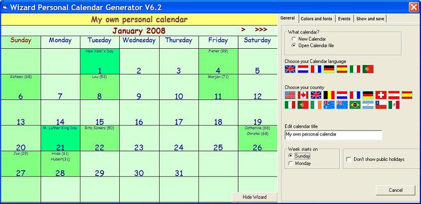 Calendar maker Wizard: Public holidays until 2011 from 19 countries included 
