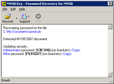 MYOB Password Recovery Key