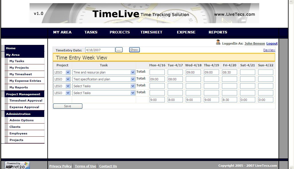 TimeLive timesheet