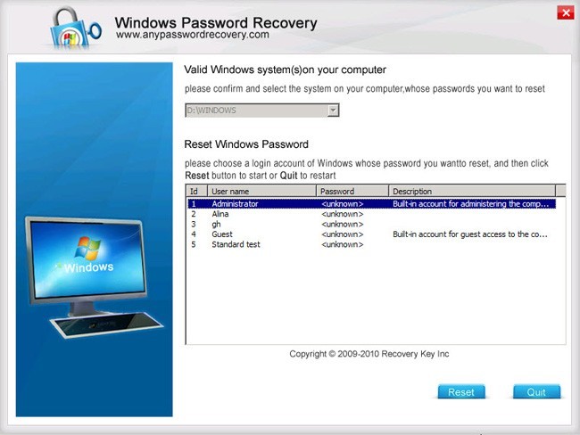 Windows Password Recovery  Professional