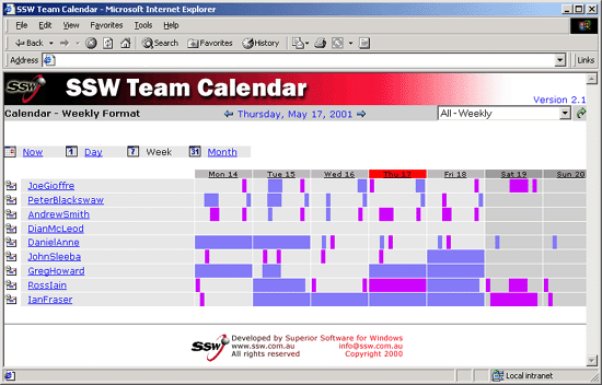 SSW Team Calender for Exchange 2000