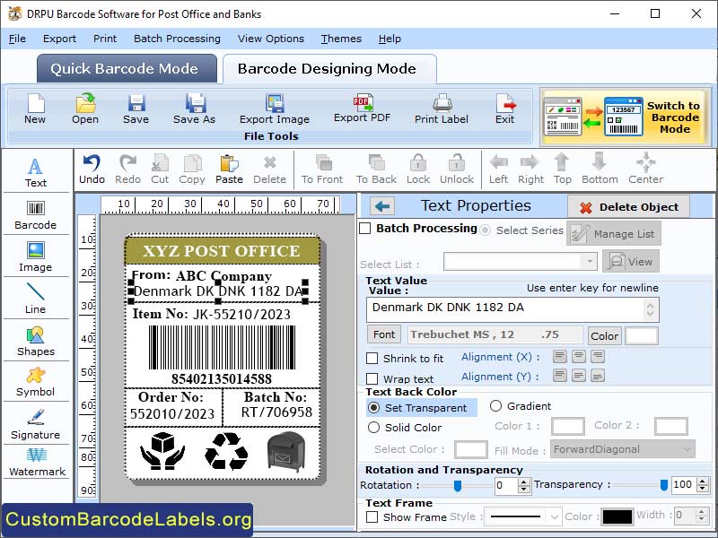 Postal Barcode Labels Tool