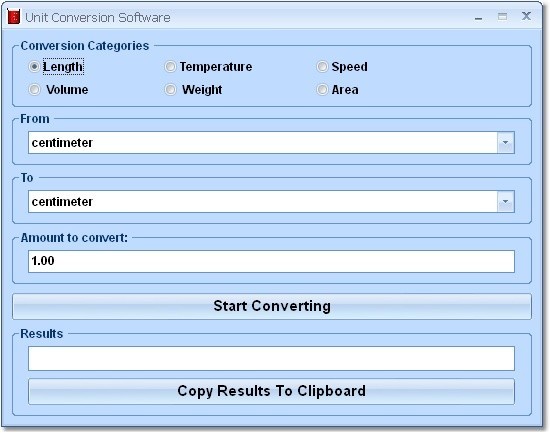 Convert Length, Temperature, Speed, Volume, Weight and Area Software