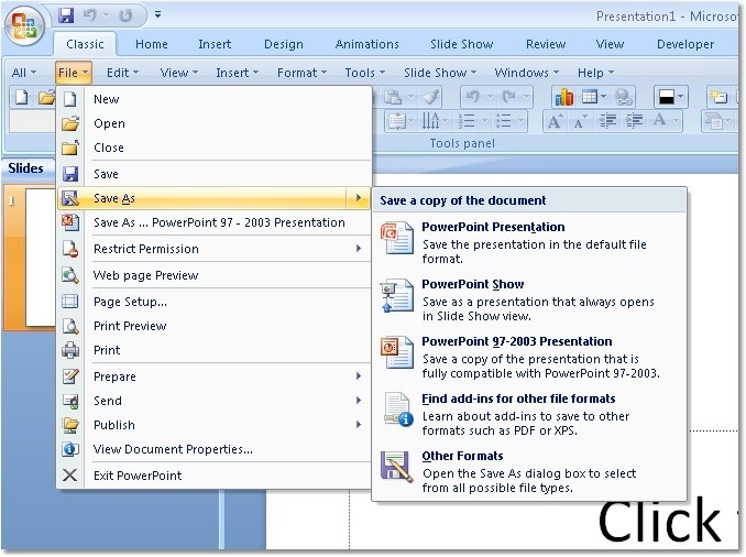 MS PowerPoint 2007 Ribbon to Old Classic Menu Toolbar Interface Software