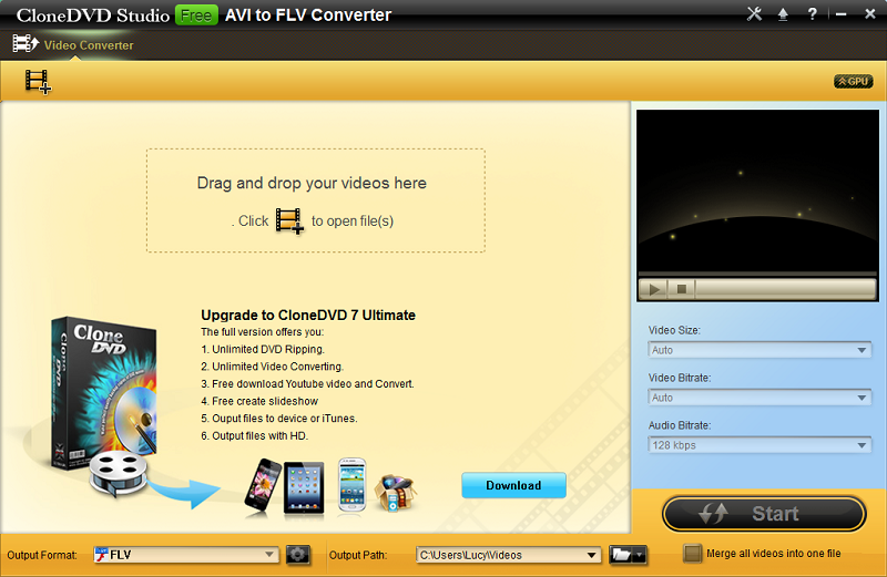 CloneDVD Studio Free AVI to FLV Converte