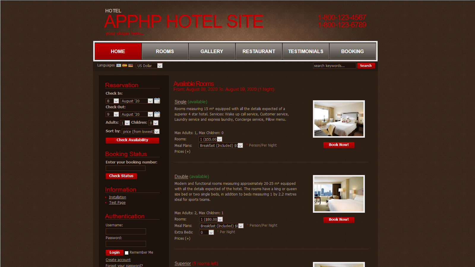 X-Brown Template for ApPHP Hotel Site