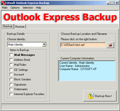 Citisoft Outlook Express Backup